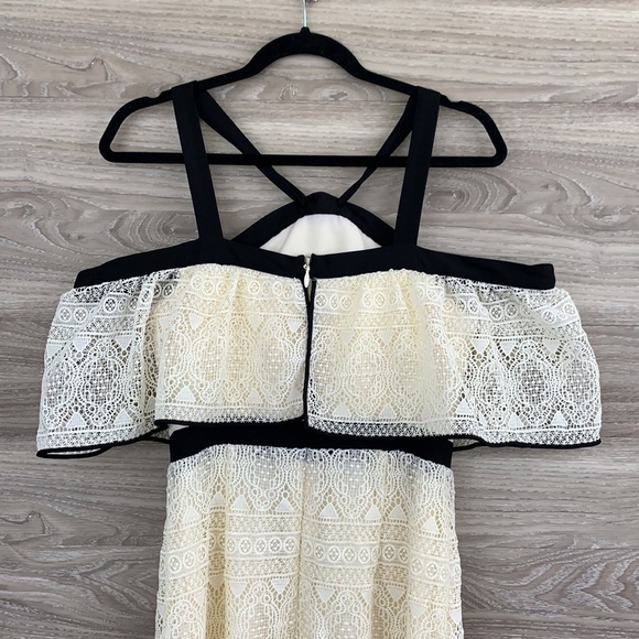 Adelyn Rae cream ivory black crochet lace halter off the shoulder tulip dress - Picture 7 of 10